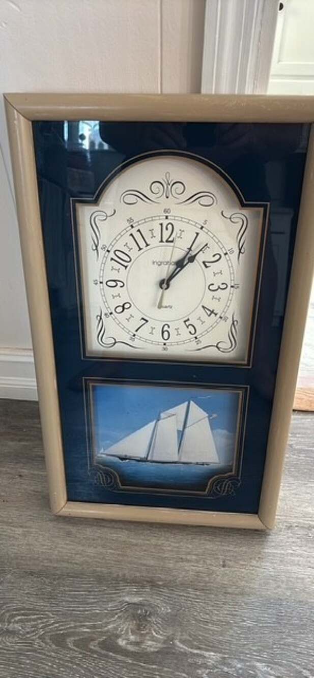 Vintage Ingraham Wall Clock Nautical Sailboat Schooner Blue Wood Quartz Retro